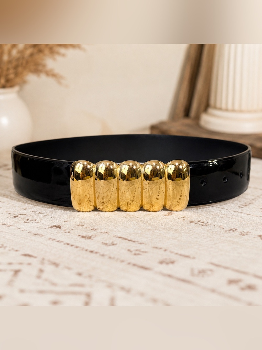 Vintage R&R Black Patent Belt Gold Sculptural Buckle Taiwan Size L Quiet Luxury